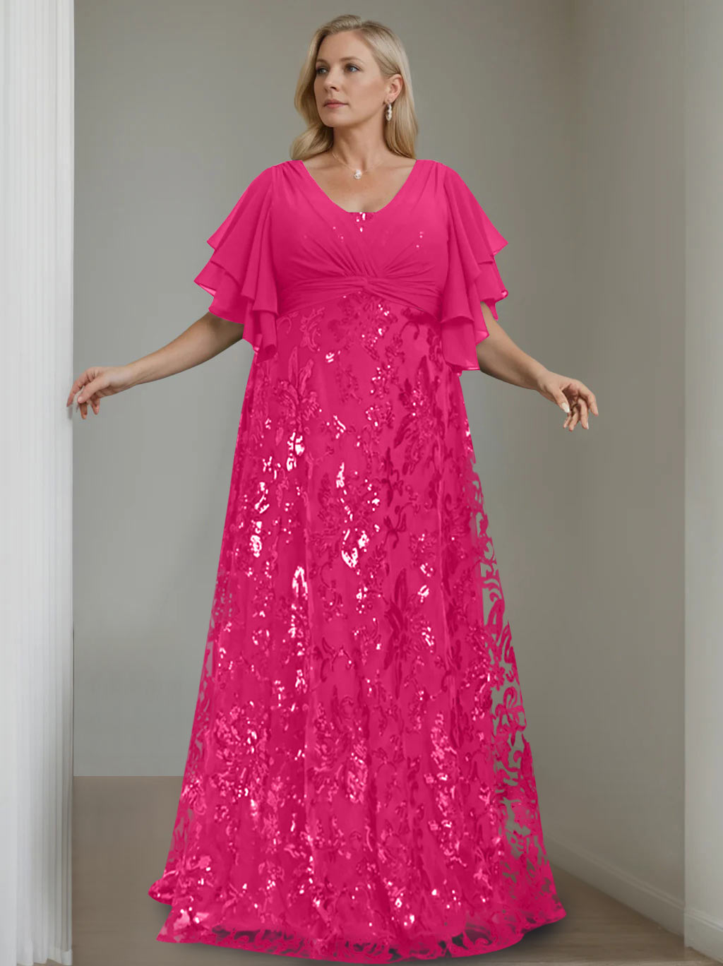 Plus Size V Neck A Line Long Mother of the Bride Dress with Sequins and Half Sleeves