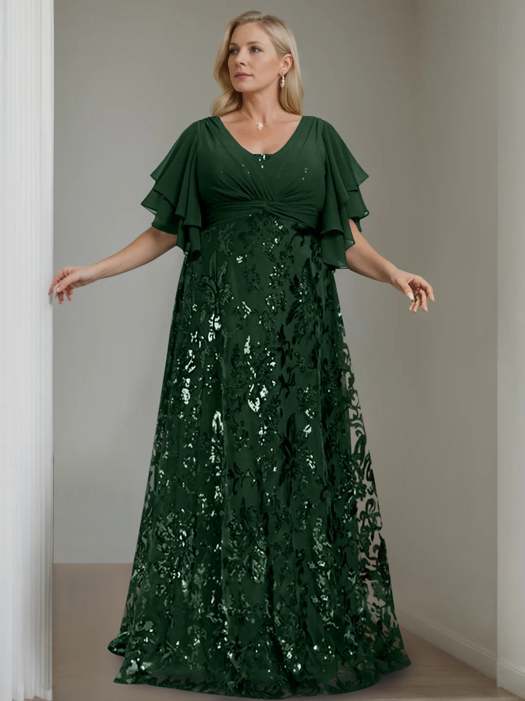 Plus Size V Neck A Line Long Mother of the Bride Dress with Sequins and Half Sleeves