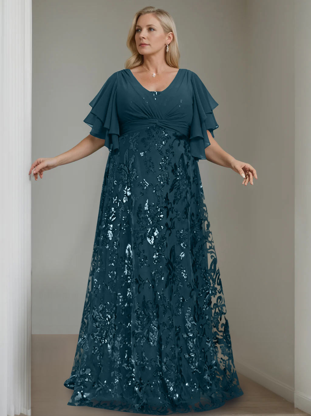 Plus Size V Neck A Line Long Mother of the Bride Dress with Sequins and Half Sleeves