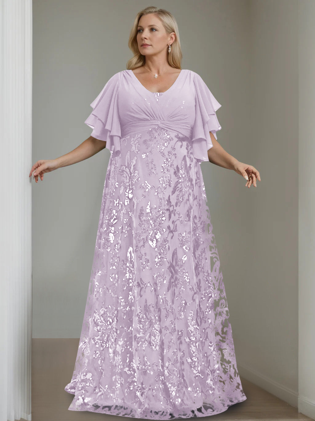 Plus Size V Neck A Line Long Mother of the Bride Dress with Sequins and Half Sleeves