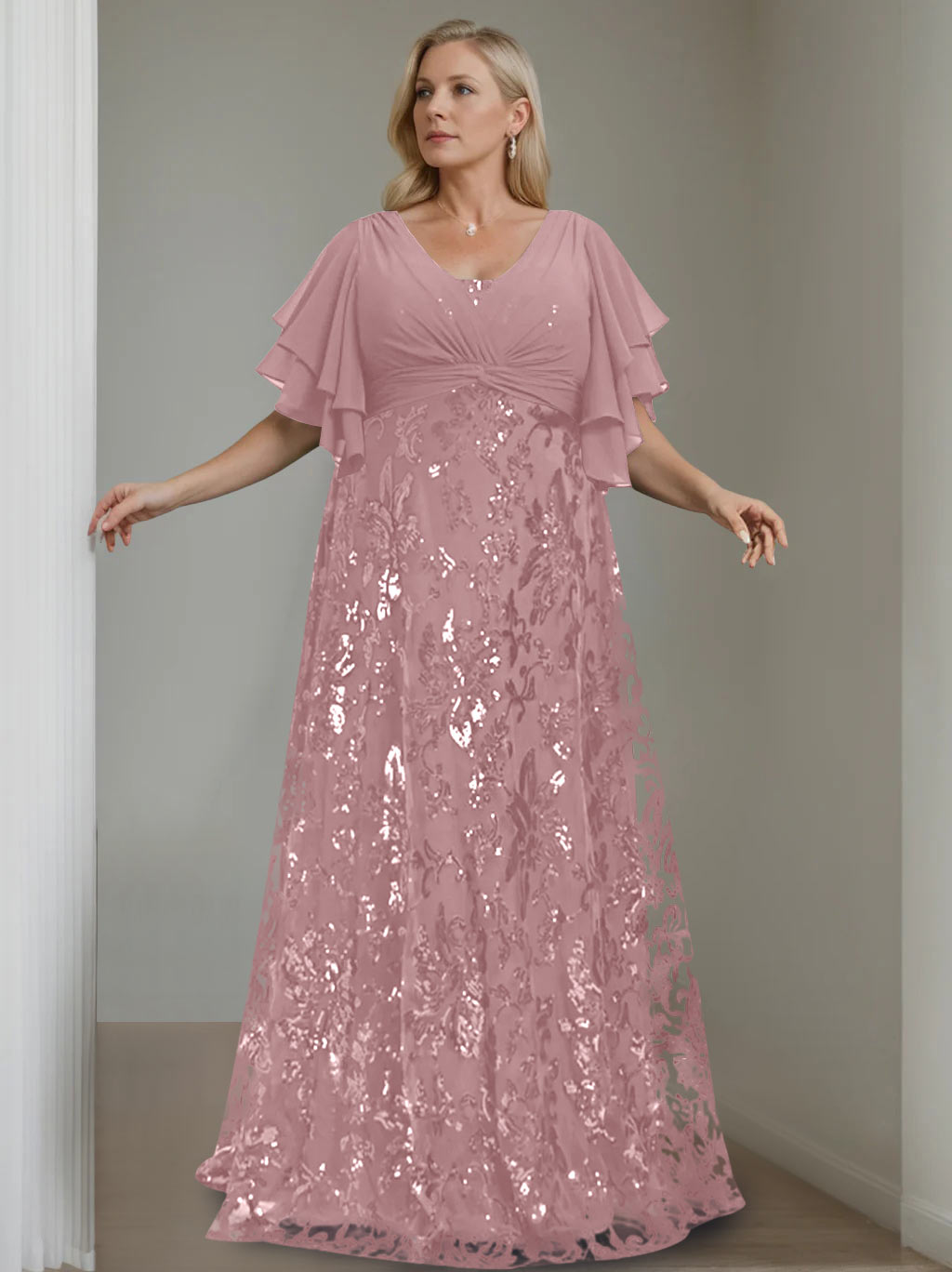 Plus Size V Neck A Line Long Mother of the Bride Dress with Sequins and Half Sleeves
