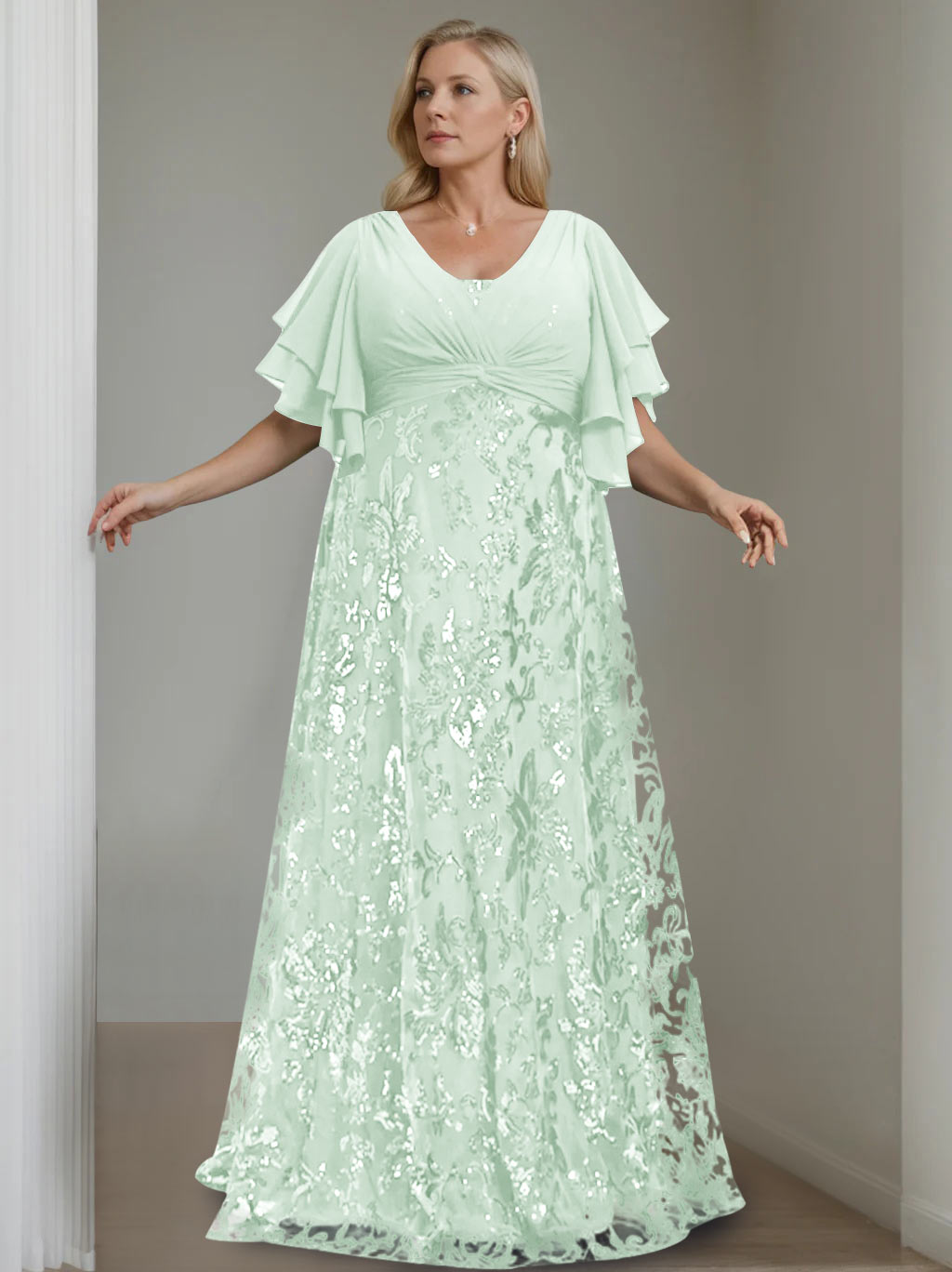 Plus Size V Neck A Line Long Mother of the Bride Dress with Sequins and Half Sleeves