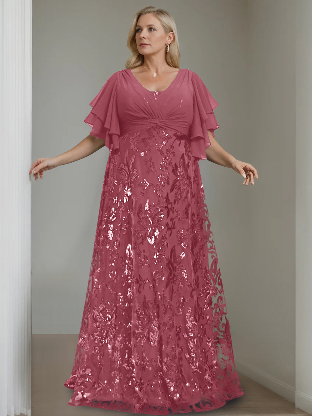 Plus Size V Neck A Line Long Mother of the Bride Dress with Sequins and Half Sleeves