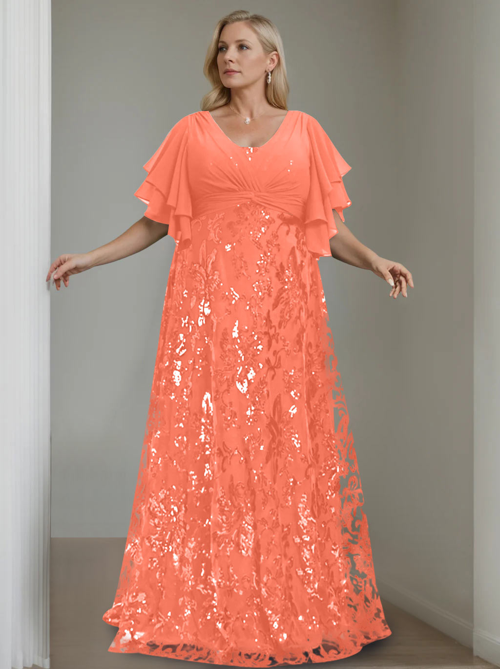 Plus Size V Neck A Line Long Mother of the Bride Dress with Sequins and Half Sleeves