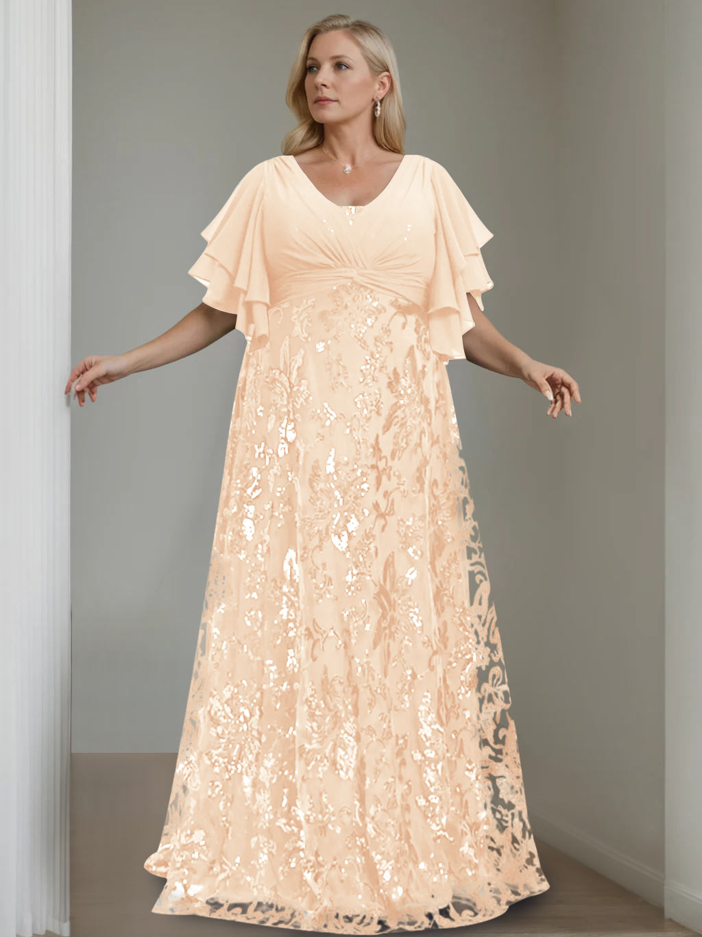 Plus Size V Neck A Line Long Mother of the Bride Dress with Sequins and Half Sleeves