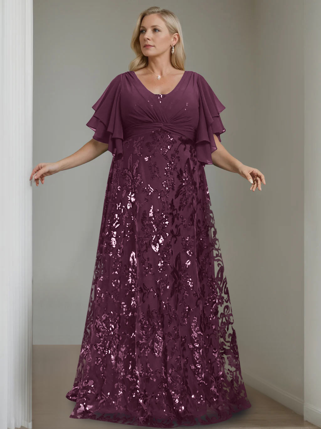 Plus Size V Neck A Line Long Mother of the Bride Dress with Sequins and Half Sleeves