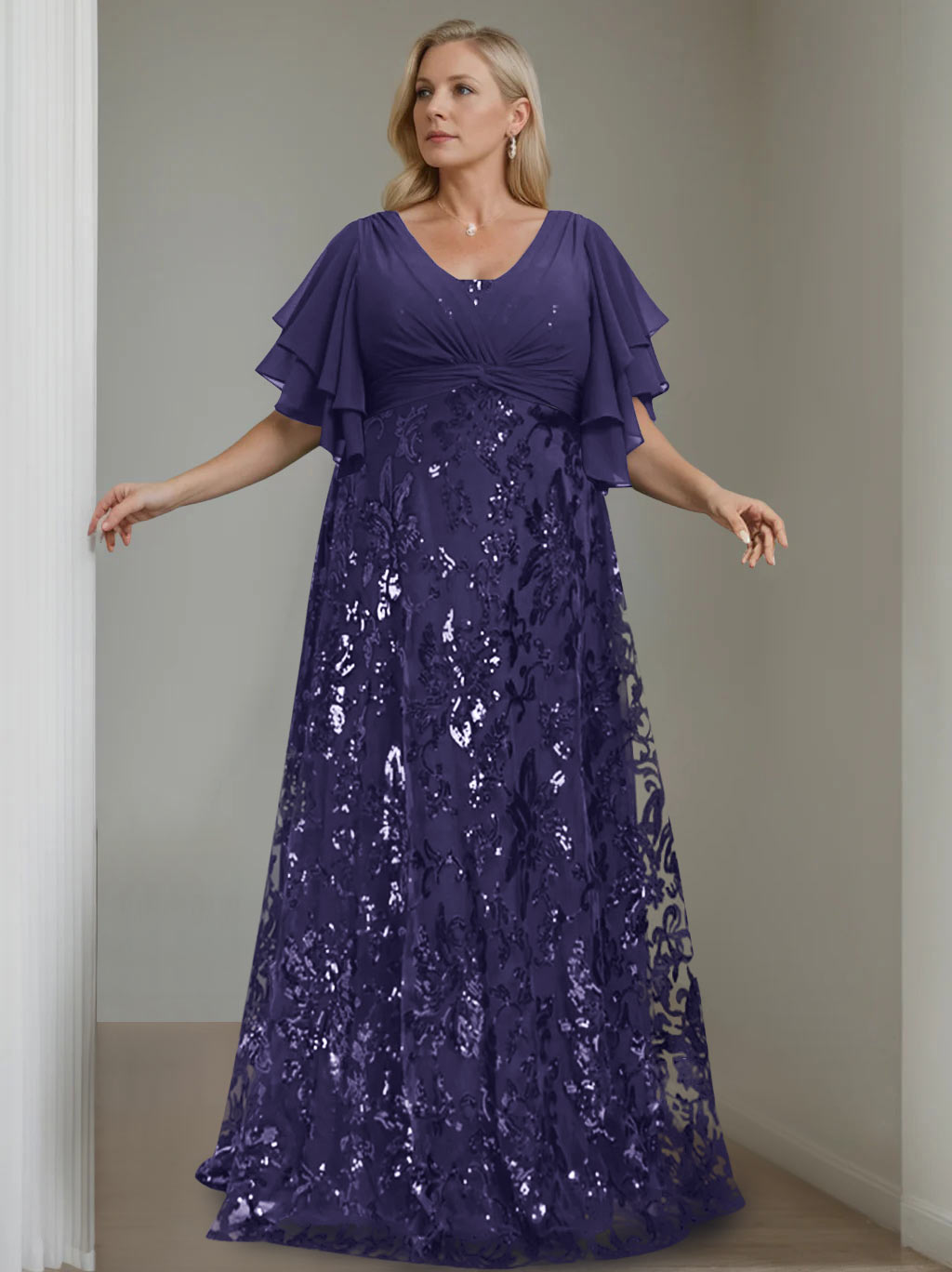 Plus Size V Neck A Line Long Mother of the Bride Dress with Sequins and Half Sleeves