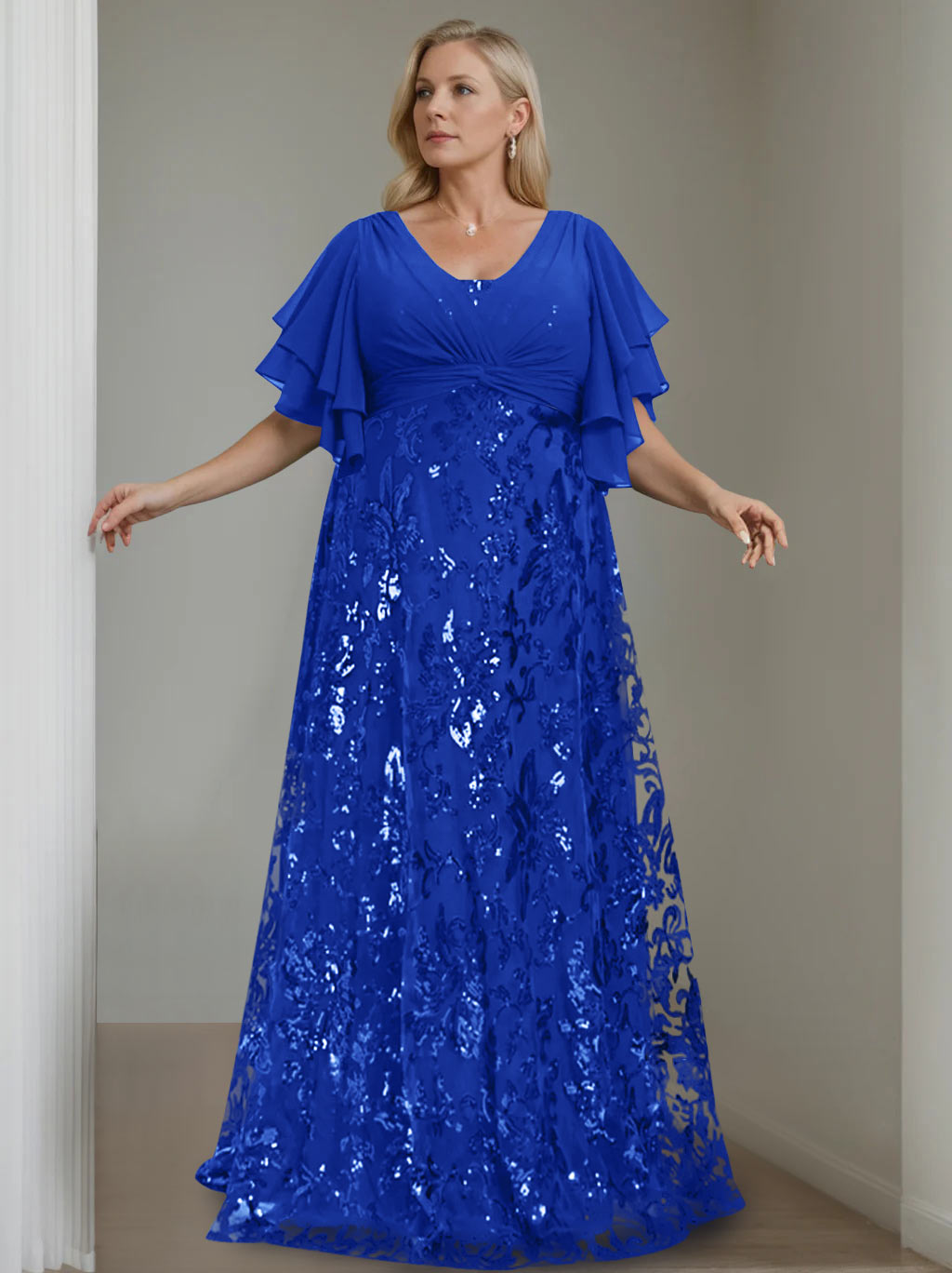 Plus Size V Neck A Line Long Mother of the Bride Dress with Sequins and Half Sleeves