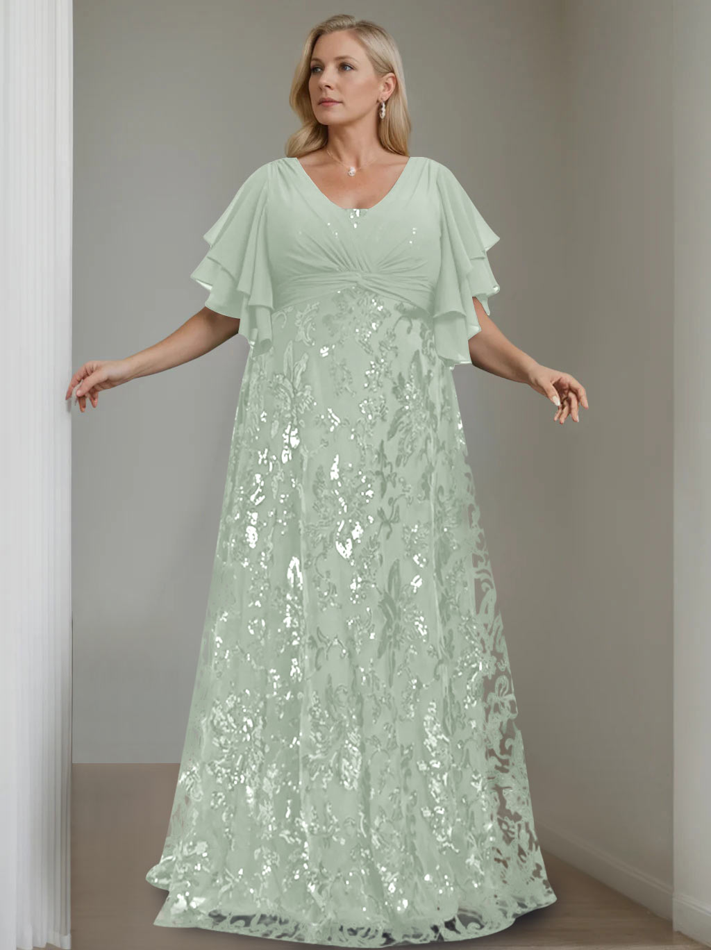 Plus Size V Neck A Line Long Mother of the Bride Dress with Sequins and Half Sleeves