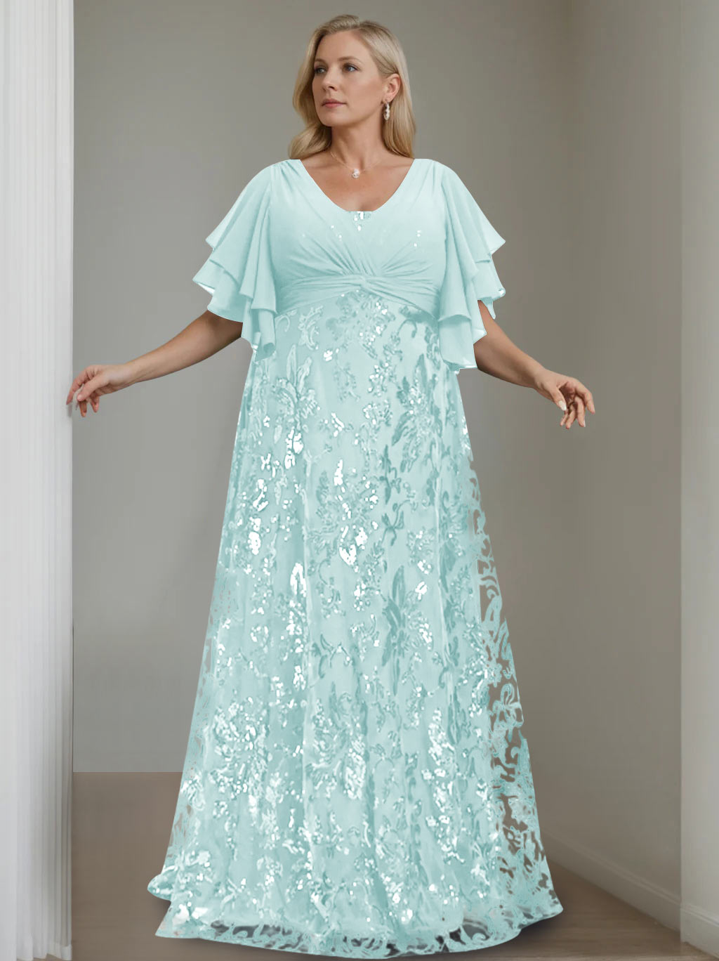 Plus Size V Neck A Line Long Mother of the Bride Dress with Sequins and Half Sleeves
