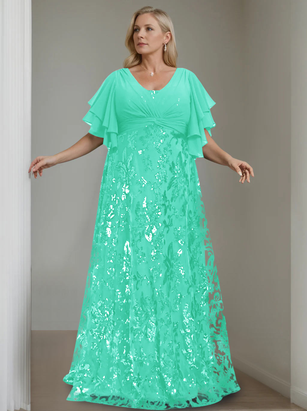 Plus Size V Neck A Line Long Mother of the Bride Dress with Sequins and Half Sleeves