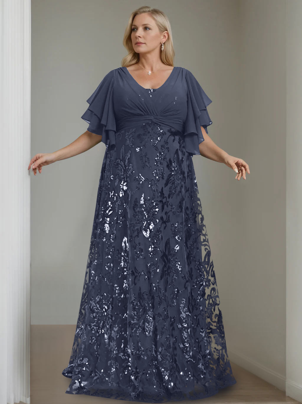 Plus Size V Neck A Line Long Mother of the Bride Dress with Sequins and Half Sleeves