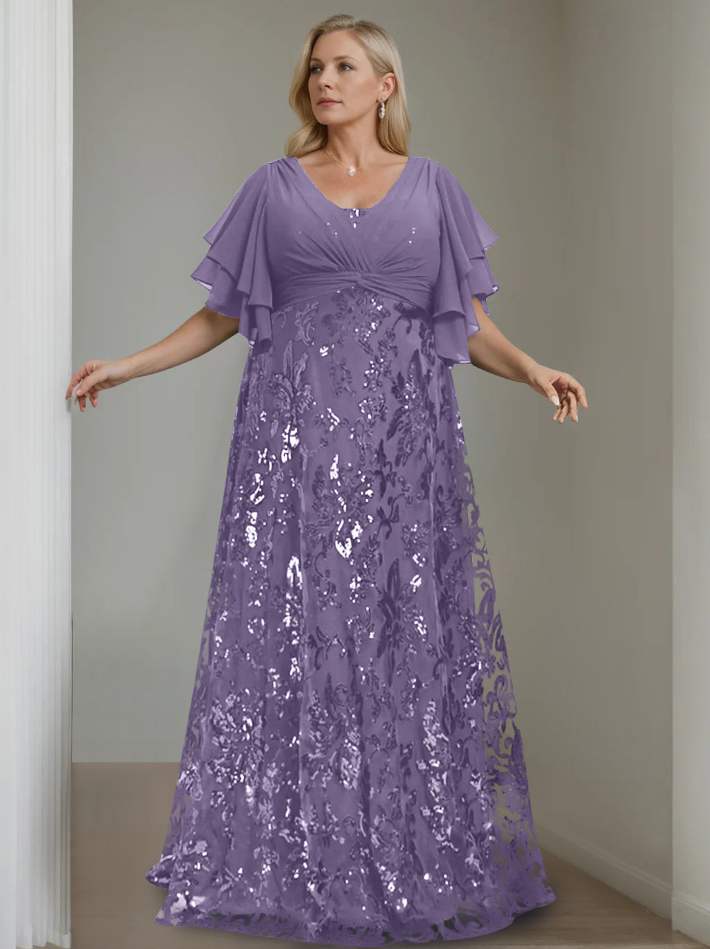 Plus Size V Neck A Line Long Mother of the Bride Dress with Sequins and Half Sleeves