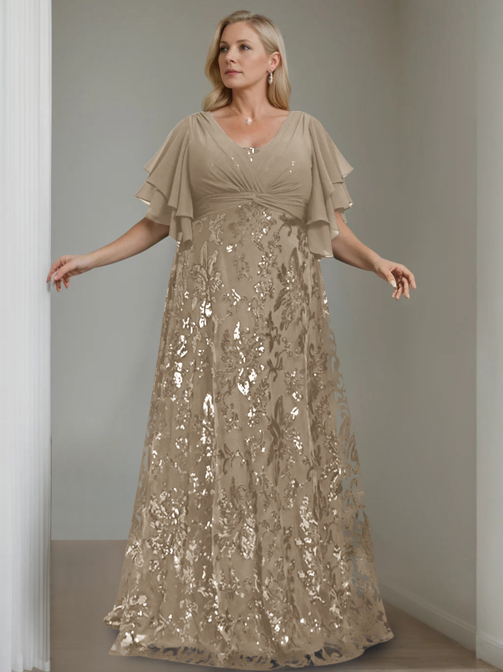 Plus Size V Neck A Line Long Mother of the Bride Dress with Sequins and Half Sleeves