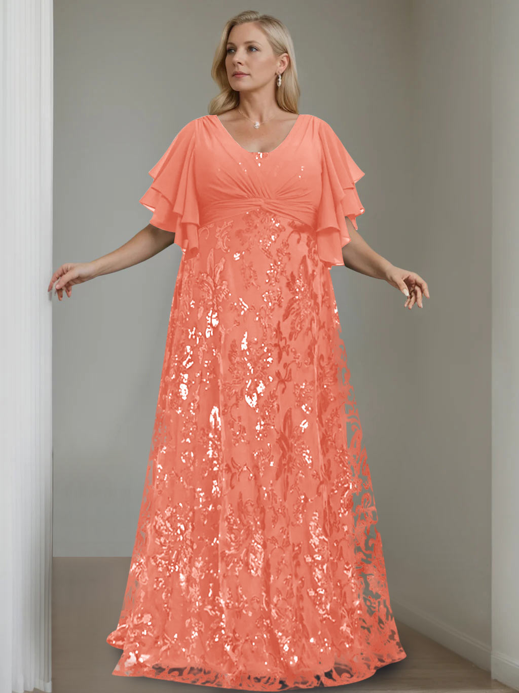 Plus Size V Neck A Line Long Mother of the Bride Dress with Sequins and Half Sleeves