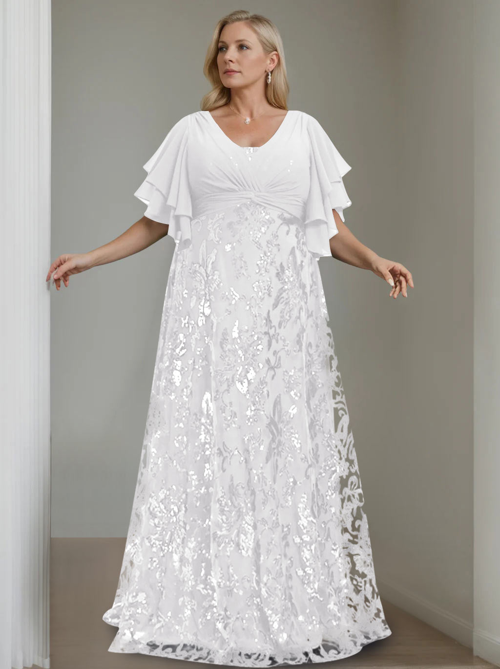 Plus Size V Neck A Line Long Mother of the Bride Dress with Sequins and Half Sleeves