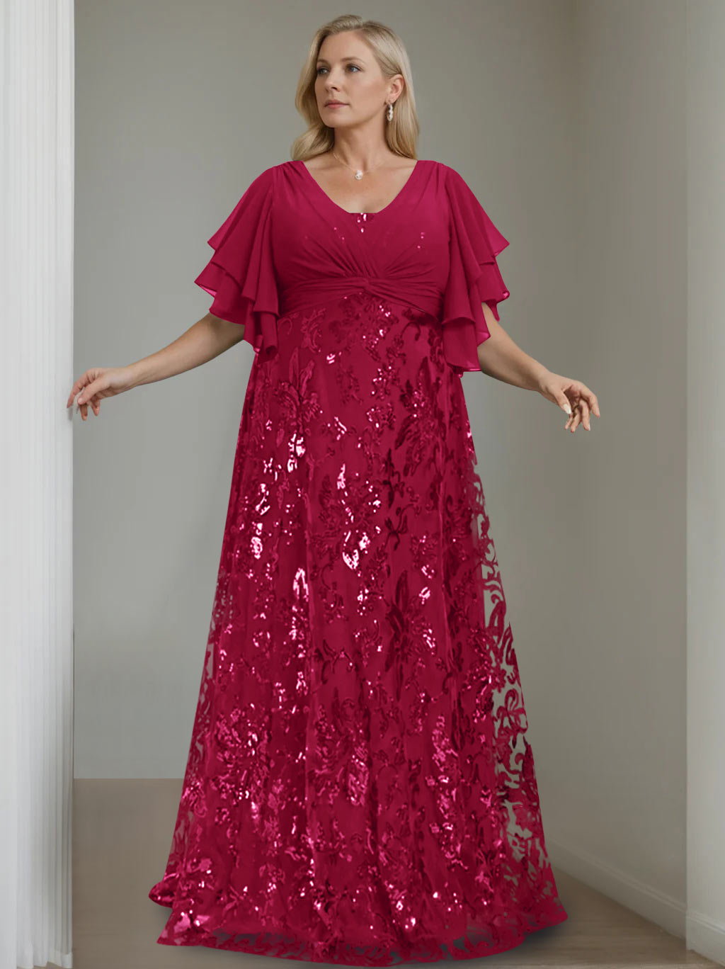 Plus Size V Neck A Line Long Mother of the Bride Dress with Sequins and Half Sleeves