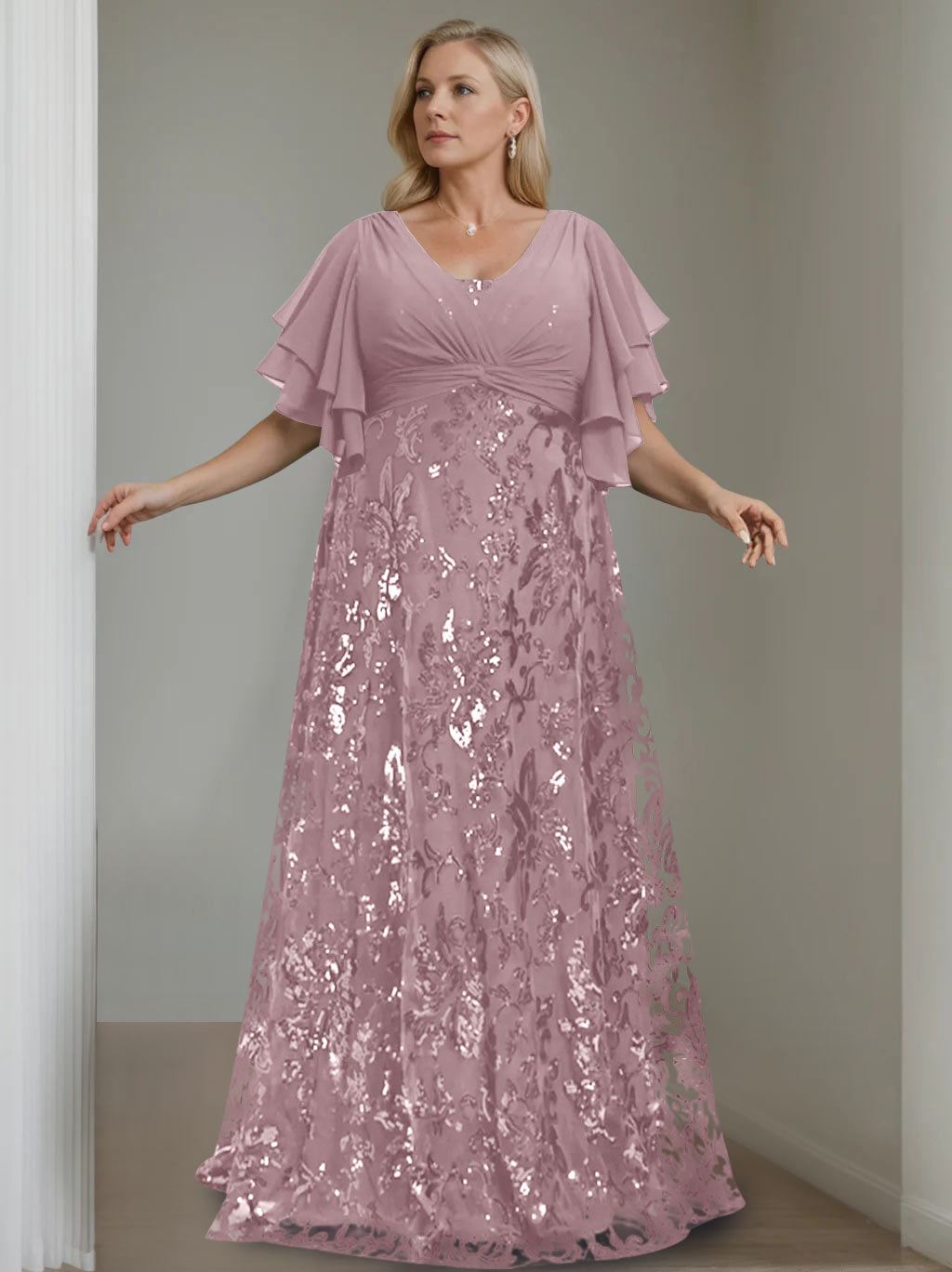 Plus Size V Neck A Line Long Mother of the Bride Dress with Sequins and Half Sleeves
