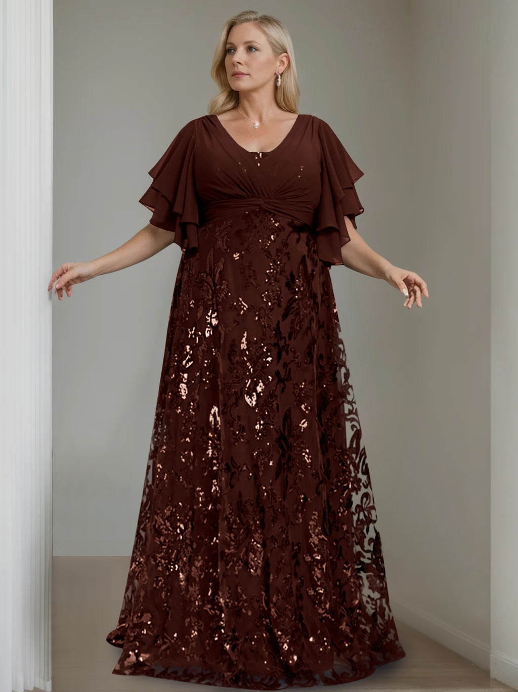 Plus Size V Neck A Line Long Mother of the Bride Dress with Sequins and Half Sleeves