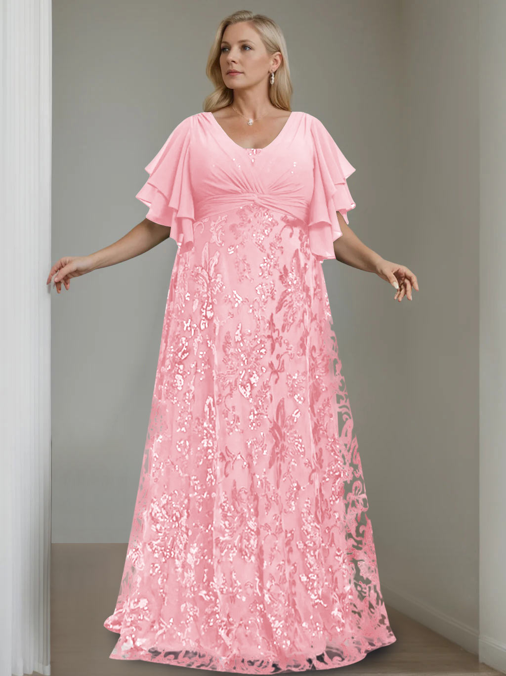 Plus Size V Neck A Line Long Mother of the Bride Dress with Sequins and Half Sleeves