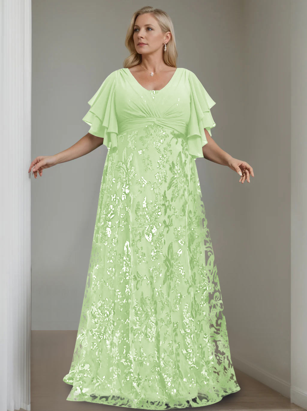 Plus Size V Neck A Line Long Mother of the Bride Dress with Sequins and Half Sleeves