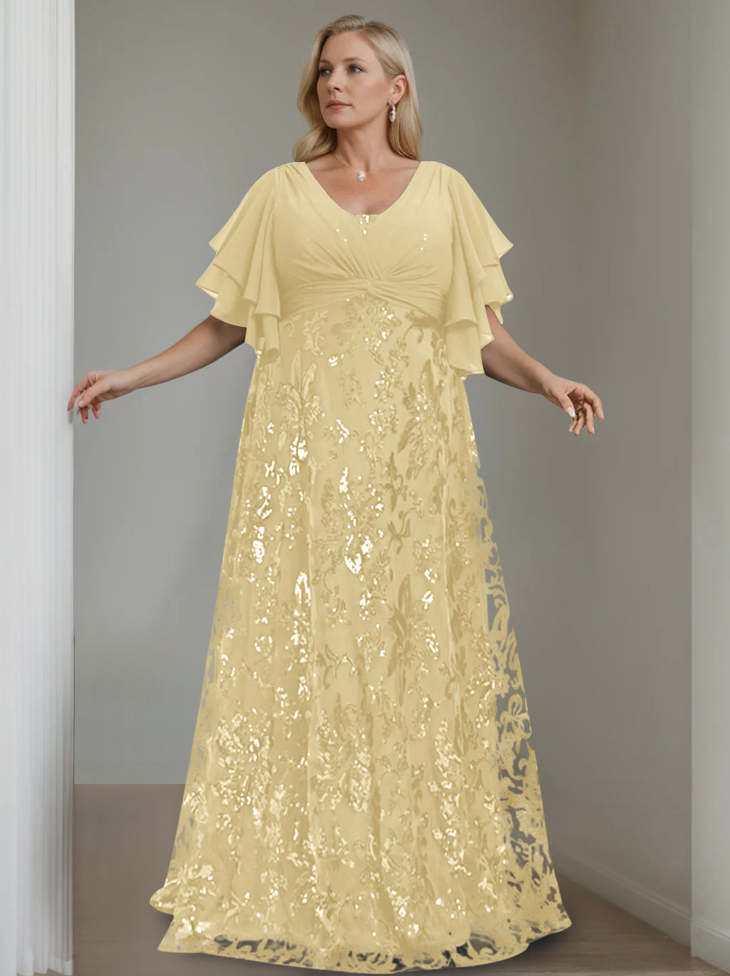 Plus Size V Neck A Line Long Mother of the Bride Dress with Sequins and Half Sleeves