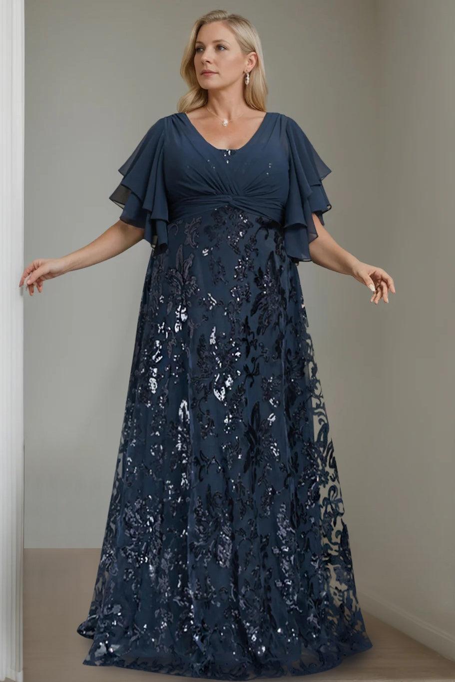 Plus Size V Neck A Line Long Mother of the Bride Dress with Sequins and Half Sleeves