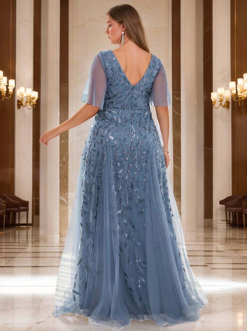 Plus Size V Neck A Line Long Mother of the Bride Dress with Sequins and Short Sleeves
