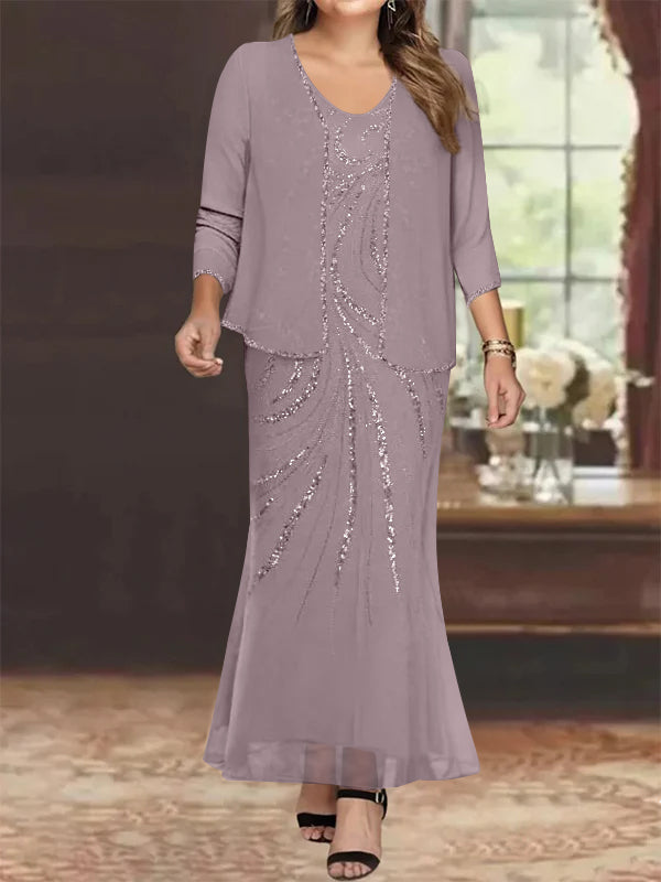 Plus Size V Neck Ankle Length Sheath Column Mother of the Bride Dress with Sequins & Jacket