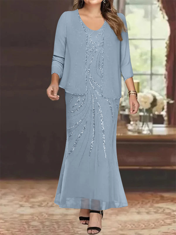 Plus Size V Neck Ankle Length Sheath Column Mother of the Bride Dress with Sequins & Jacket