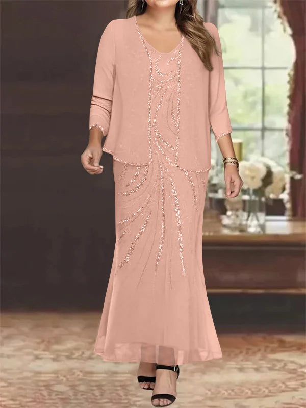 Plus Size V Neck Ankle Length Sheath Column Mother of the Bride Dress with Sequins & Jacket