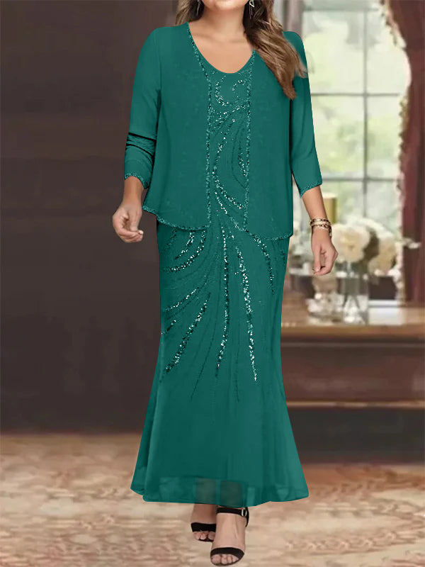 Plus Size V Neck Ankle Length Sheath Column Mother of the Bride Dress with Sequins & Jacket