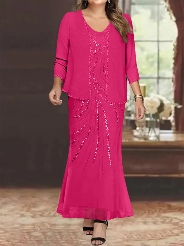 Plus Size V Neck Ankle Length Sheath Column Mother of the Bride Dress with Sequins & Jacket