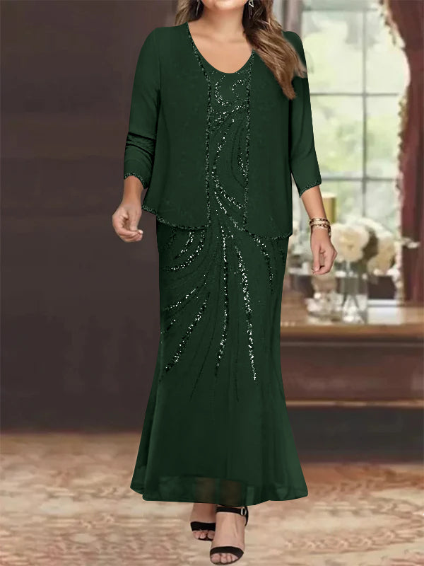 Plus Size V Neck Ankle Length Sheath Column Mother of the Bride Dress with Sequins & Jacket