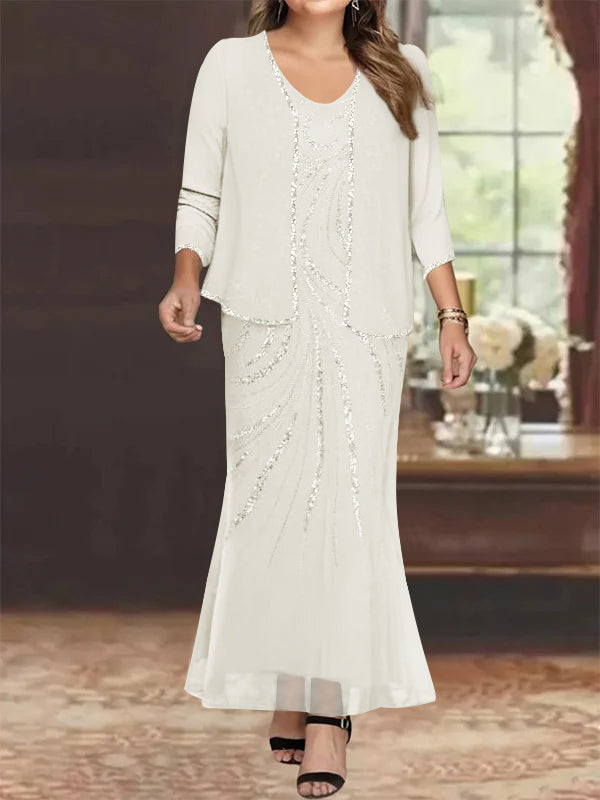 Plus Size V Neck Ankle Length Sheath Column Mother of the Bride Dress with Sequins & Jacket
