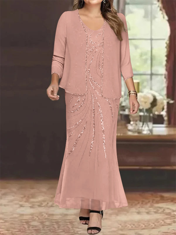 Plus Size V Neck Ankle Length Sheath Column Mother of the Bride Dress with Sequins & Jacket