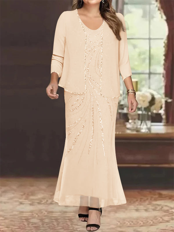 Plus Size V Neck Ankle Length Sheath Column Mother of the Bride Dress with Sequins & Jacket