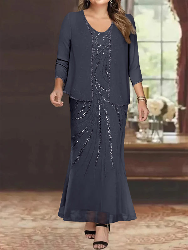 Plus Size V Neck Ankle Length Sheath Column Mother of the Bride Dress with Sequins & Jacket