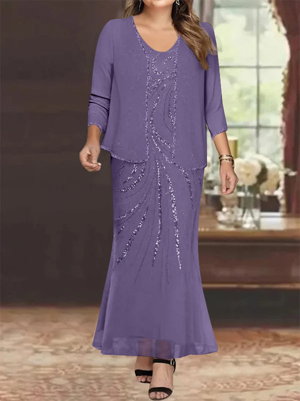 Plus Size V Neck Ankle Length Sheath Column Mother of the Bride Dress with Sequins & Jacket