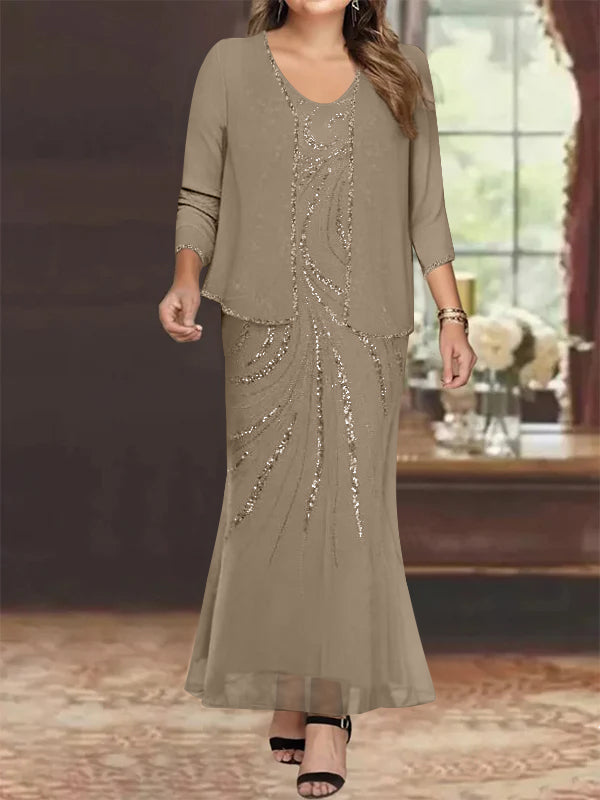 Plus Size V Neck Ankle Length Sheath Column Mother of the Bride Dress with Sequins & Jacket