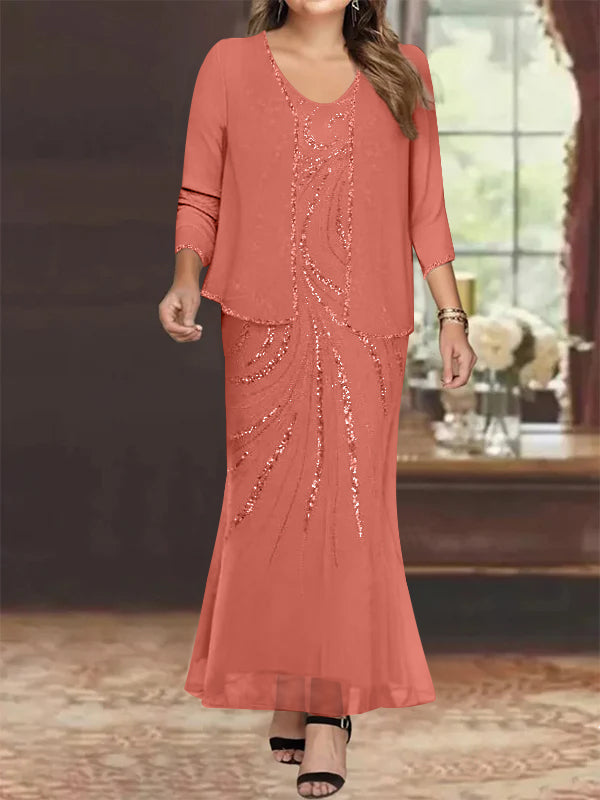 Plus Size V Neck Ankle Length Sheath Column Mother of the Bride Dress with Sequins & Jacket
