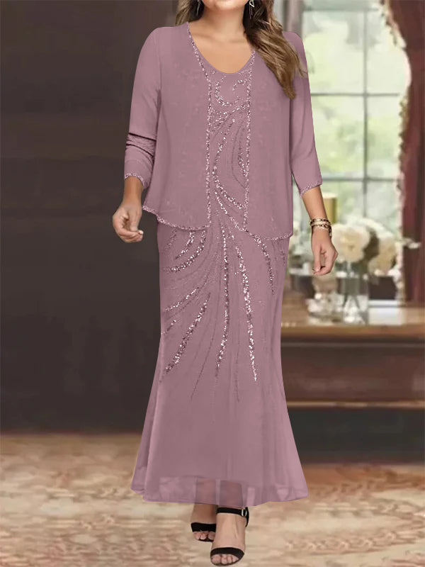 Plus Size V Neck Ankle Length Sheath Column Mother of the Bride Dress with Sequins & Jacket