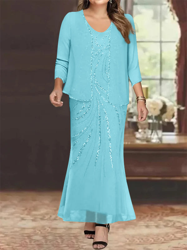 Plus Size V Neck Ankle Length Sheath Column Mother of the Bride Dress with Sequins & Jacket