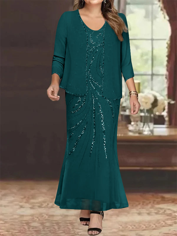 Plus Size V Neck Ankle Length Sheath Column Mother of the Bride Dress with Sequins & Jacket