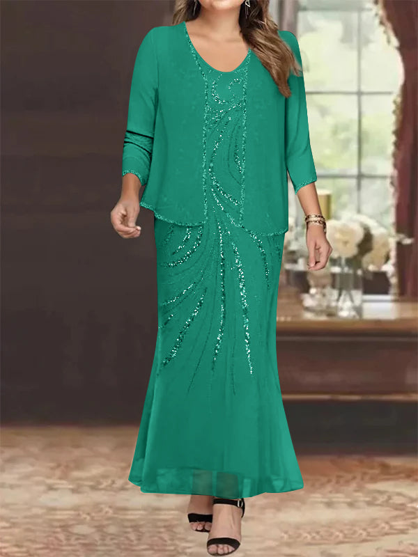 Plus Size V Neck Ankle Length Sheath Column Mother of the Bride Dress with Sequins & Jacket