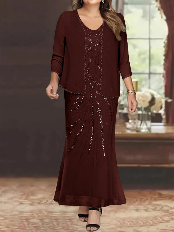 Plus Size V Neck Ankle Length Sheath Column Mother of the Bride Dress with Sequins & Jacket