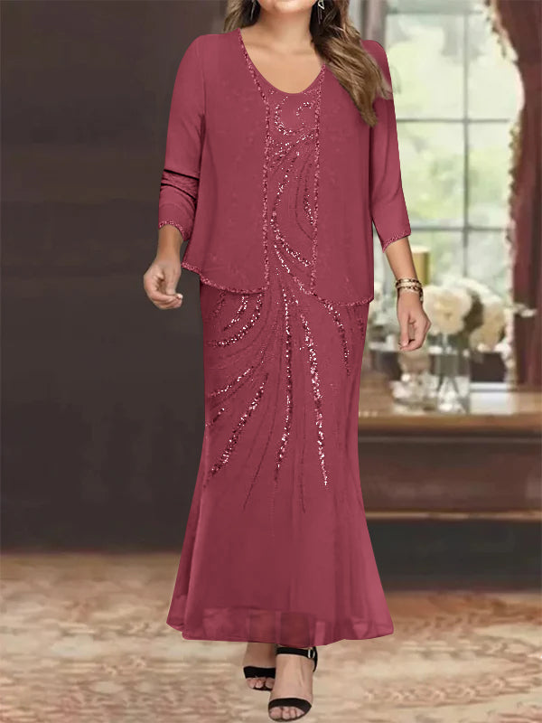 Plus Size V Neck Ankle Length Sheath Column Mother of the Bride Dress with Sequins & Jacket