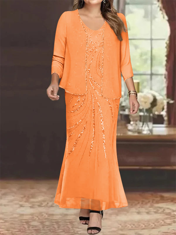 Plus Size V Neck Ankle Length Sheath Column Mother of the Bride Dress with Sequins & Jacket