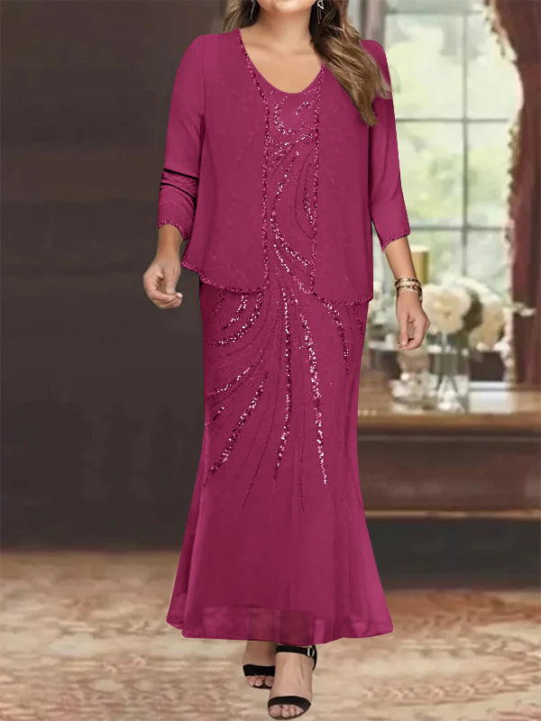 Plus Size V Neck Ankle Length Sheath Column Mother of the Bride Dress with Sequins & Jacket