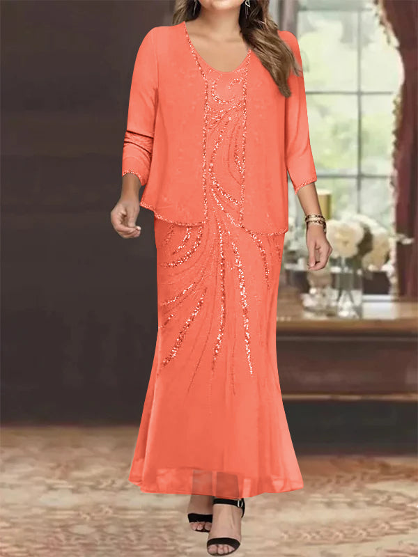 Plus Size V Neck Ankle Length Sheath Column Mother of the Bride Dress with Sequins & Jacket